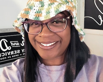 Hand Crocheted Camo Green Yarn Bucket Hat: Colorful Cotton Unisex Sun Hat