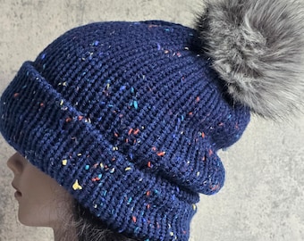 Navy Blue Tweed Knit Beanie: Faux Fur Pompom, Unisex Winter Beanie