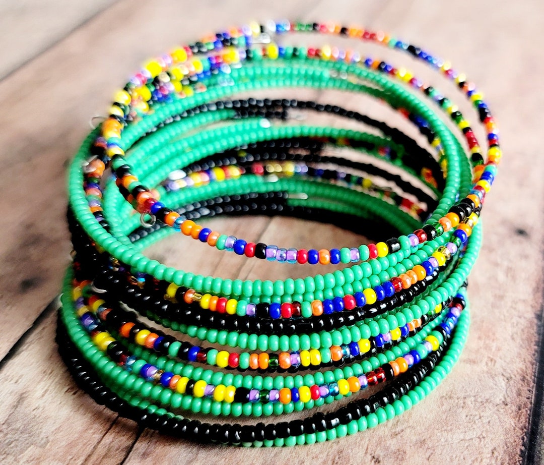 Beaded Wrap Bracelet Set, Africa Inspired Memory Wire Bead Bracelet Set