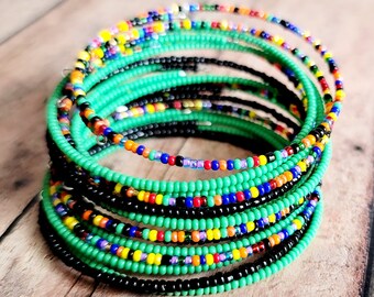 Green Beaded Bangle Bracelet Set: Rainbow Seed Bead Memory Wire