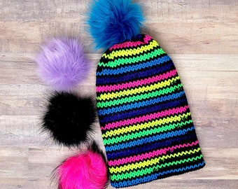Black Neon Rainbow Knitted Beanie with Pom Pom - TikTok Inspired