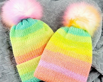 Mommy and Me Beanie Set, Daddy and Me Beanie, Rainbow Beanie Set, Mommy and Me Gift, Knit Slouchy Hat, Pink Black Pom Pom Beanie, Mom Gifts