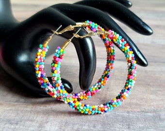 Colorful Rainbow Beaded Hoop Earrings, Confetti Hoops for Teens, Bohemian Seed Bead Earrings, Cute Birthday Gift for Her, Multicolor Hoops