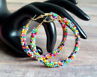 Rainbow Beaded Hoop Earrings, Multicolor Confetti Hoops