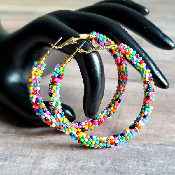 Colorful Rainbow Beaded Hoop Earrings, Confetti Hoops for Teens, Bohemian Seed Bead Earrings, Cute Birthday Gift for Her, Multicolor Hoops