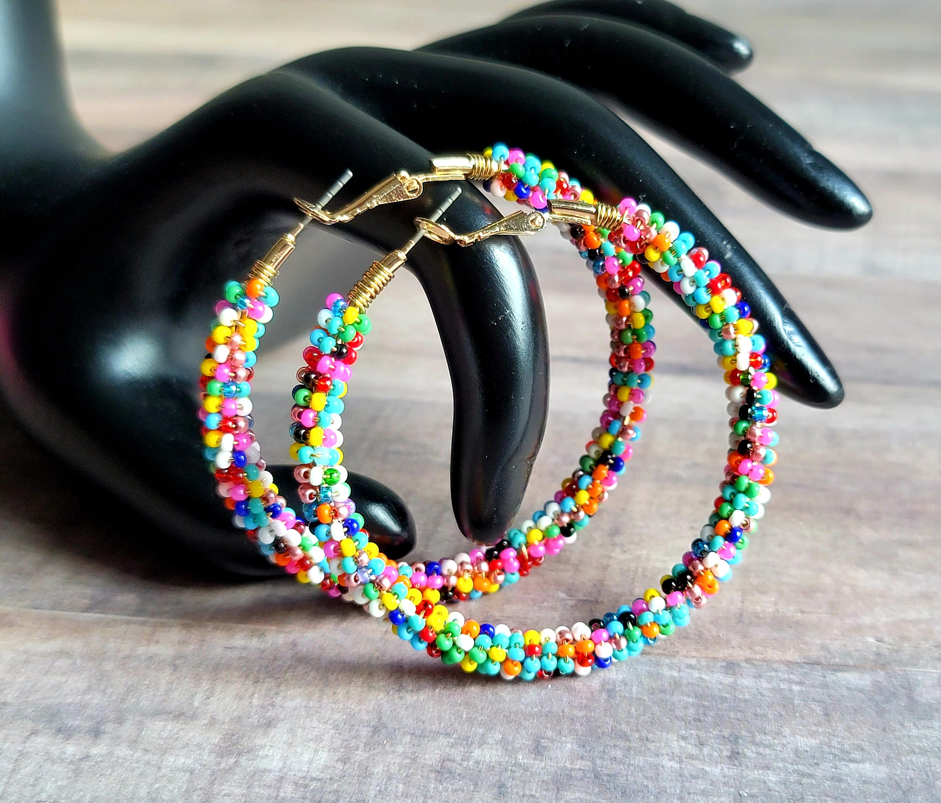 Multicolor beaded hoop earrings deals