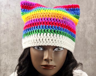 Crocheted Rainbow Cat Ear Beanie: Bold Acrylic Kitty Hat