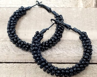 Black Beaded Hoop Earrings - Everyday Hoops - Classic Black Hoops - Gifts for Her - Black Hoop Earrings for Women - Teenage Girls Gifts