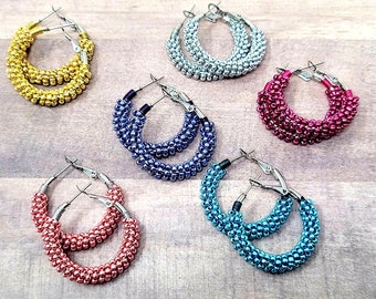 Beaded Hoop Earrings: Small Metallic Seed Bead Stainless Steel Hoops