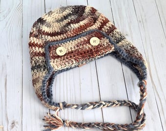 Crocheted Trapper Hat, Braided Ear Flaps, Unisex Winter Beanie