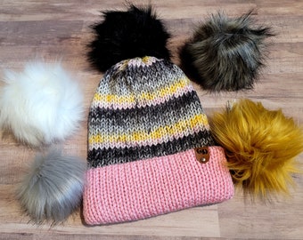 Pink Gray Knit Classic Cuff Beanie, Fall Winter  Beanie, Knitted Faux Fur Pompom Beanie, Adult Knitted Beanie,  Slouchy Multicolor Beanie