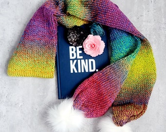 Soft Lightweight Multicolor Knit Scarf: Faux Fur Pompom Scarf