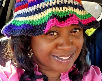 Hand Crocheted Scrap Yarn Bucket Hat: Colorful OOAK Summer Hat (LG/XL
