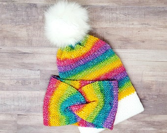 Rainbow Knit Beanie, Lightweight Knit Beanie, Bright Color,  Faux Fur Knitted Beanie, Knitted Jogger Yogi Thin Weight Beanie