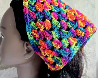 Green Purple Gold Hand Crocheted Bandana Cottagecore Headscarf