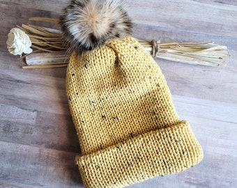 Gold Tweed Knit Beanie: Faux Fur Pompom, Yellow Winter Hat