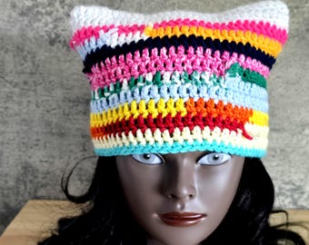 Rainbow Scrap Yarn Cat Ear Beanie: Hand Crocheted Acrylic Hat