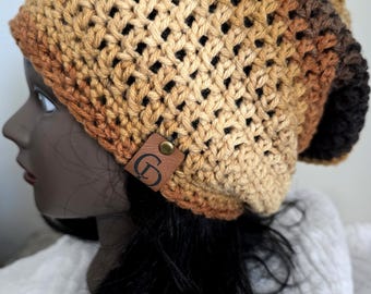 Slouchy Crochet Beanie: Multicolor Brown, Warm Winter Hat