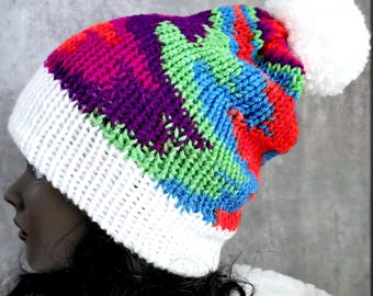 Rainbow Knit Beanie: Multicolor Kids Winter Pom Pom Hat
