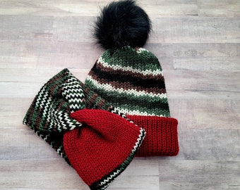 Camo Knit Beanie: Burgundy Green Hunter Style, Faux Fur Pompom