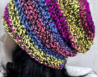 Multicolor Slouchy Crochet Beanie: Hot Pink, Blue, Green, Purple