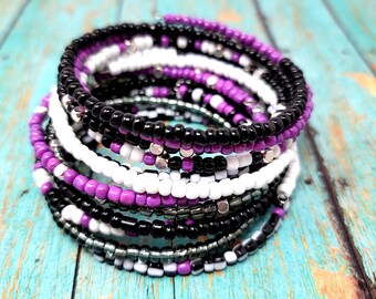Purple Seed Bead Memory Wire Bracelet Set: African Inspired Bangles