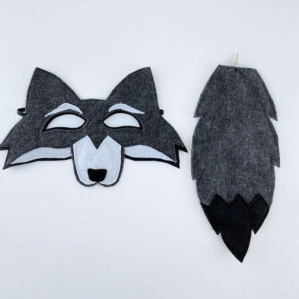 Child's Gray Felt Wolf Mask and Tail, wolf costume, kids dress up, play pretend