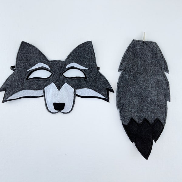 Masque et queue de loup en feutre gris pour enfant, costume de loup, les enfants s'habillent, jouent à faire semblant