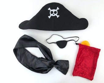 Kids Pirate Costume Set: Handmade Felt Hat, Eye Patch & Treasure Bag