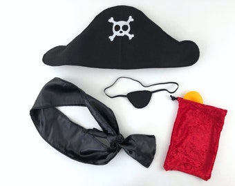 Child's Pirate Costume, includes black felt hat, black satin waist sash, soft black fleece eye patch and drawstring treasure pouch