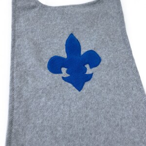 May include: Gray fleece fabric cape with a blue felt fleur-de-lis emblem.