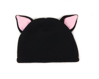Kids Black Cat Fleece Hat: Handmade Costume, Warm Winter Accessory