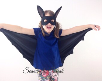 Ali di pipistrello nero satinato per bambini, fatto a mano, Halloween, vestire, costume