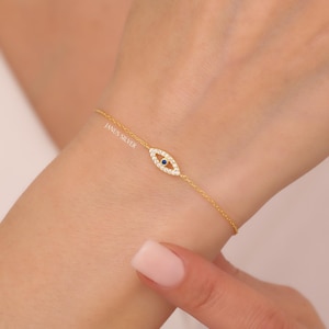 14k Gold Diamond Evil Eye Bracelet for Women, Evil Eye Jewelry, Protection Bracelet, Minimalist Evil Eye Charm, Turkish Blue Evil Eye