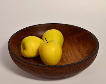 Carved Elm Wood Fruit Bowl: Hand-Turned Kitchen Decor