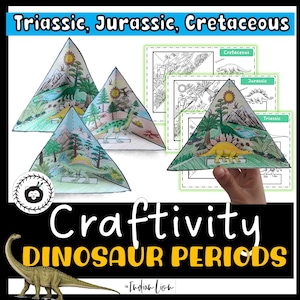 May include: A craftivity set featuring dinosaur periods. The image shows four triangular paper models with illustrations of dinosaurs and prehistoric landscapes. Text includes "Triassic, Jurassic, Cretaceous" and "Craftivity Dinosaur Periods."