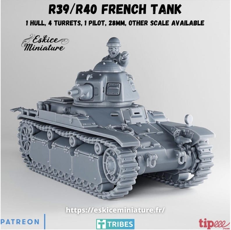 Puede incluir: Maqueta gris de tanque franc&eacute;s R39/R40 con 1 casco, 4 torretas y 1 piloto. El modelo es de 28 mm, otras escalas est&aacute;n disponibles. El tanque tiene orugas detalladas y una peque&ntilde;a figura de soldado. El texto "Eskice Miniature" es visible.