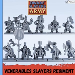 Puede incluir: Colección de figuras de enanos de plástico gris, cada una con un arma como un hacha o una espada. Las figuras están sobre bases individuales. La imagen incluye el texto "Dwarf Slayers Army" y "Venerables Slayers Regiment".