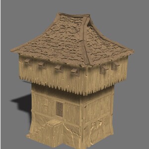 May include: A detailed model of a wooden tower with a thatched roof. The tower has a rectangular base and a slightly wider upper section with small windows. The roof is angled and textured, and the overall color is a light brown.