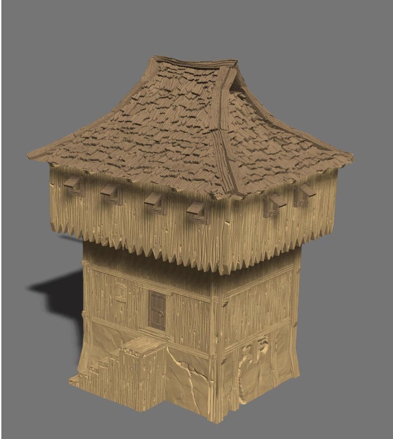 May include: A detailed model of a wooden tower with a thatched roof. The tower has a rectangular base and a slightly wider upper section with small windows. The roof is angled and textured, and the overall color is a light brown.