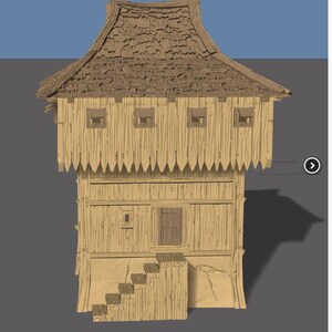 May include: A detailed illustration of a two-story wooden house with a thatched roof. The house features small square windows, a front door, and a set of stairs leading up to the entrance. The structure is painted in shades of brown and tan.
