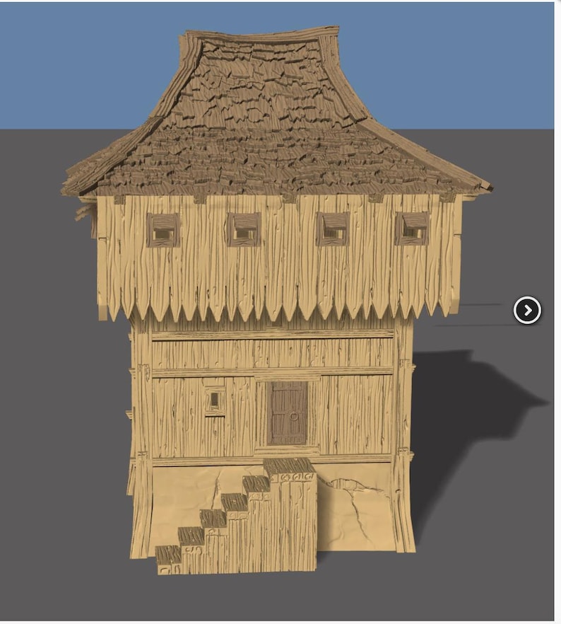May include: A detailed illustration of a two-story wooden house with a thatched roof. The house features small square windows, a front door, and a set of stairs leading up to the entrance. The structure is painted in shades of brown and tan.