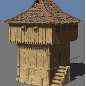May include: A detailed, light brown wooden structure with a steeply pitched roof. The building features a series of small windows, a staircase, and decorative wooden elements. The design evokes a rustic, historical aesthetic.