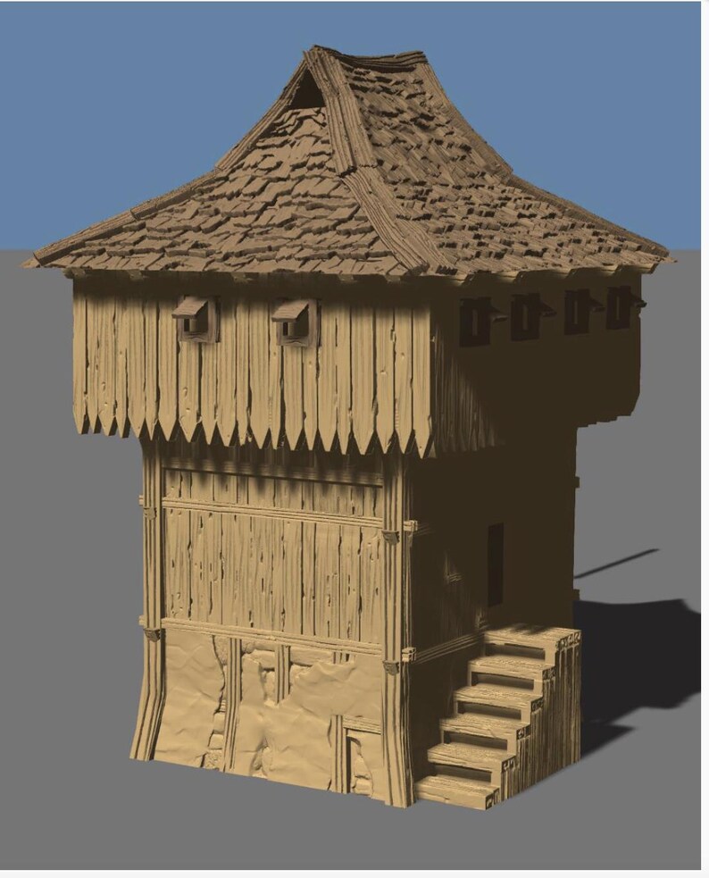 May include: A detailed, light brown wooden structure with a steeply pitched roof. The building features a series of small windows, a staircase, and decorative wooden elements. The design evokes a rustic, historical aesthetic.