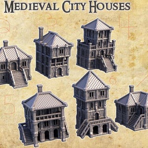 Middeleeuwse stadshuizen met PLA-print van 28 mm (8 stuks)
