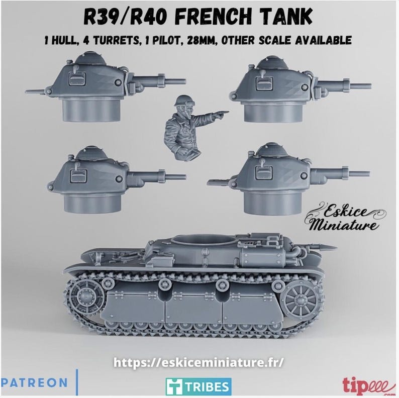 Puede incluir: Un kit de modelo en miniatura gris de un tanque franc&eacute;s, que incluye el casco, las torretas y una figura de piloto. El texto "R39/R40 FRENCH TANK" est&aacute; en la parte superior, con detalles sobre los componentes y la escala. El logotipo de Eskice Miniature es visible.