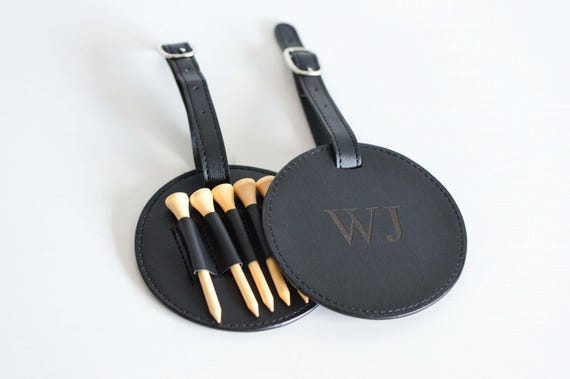Personalised Vegan Leather Golf Bag Tag with Tees: Engraved Golf Gift