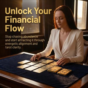 May include: A woman in a white dress sits at a table with tarot cards. The text "Unlock Your Financial Flow" is displayed in gold lettering. The image promotes attracting abundance through energetic alignment and tarot clarity.