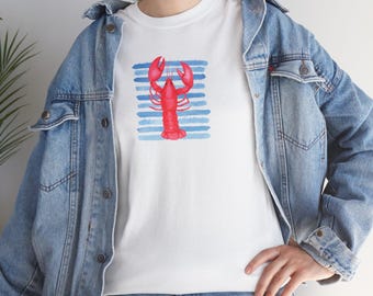 ロブスターデザインTシャツ：ユニセックスヘビーコットンコースタルTシャツ