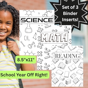 Printable Binder Covers Set of 3 | Math, Science & Reading | School Subject Binder Inserts | Cute Binder Covers for Students